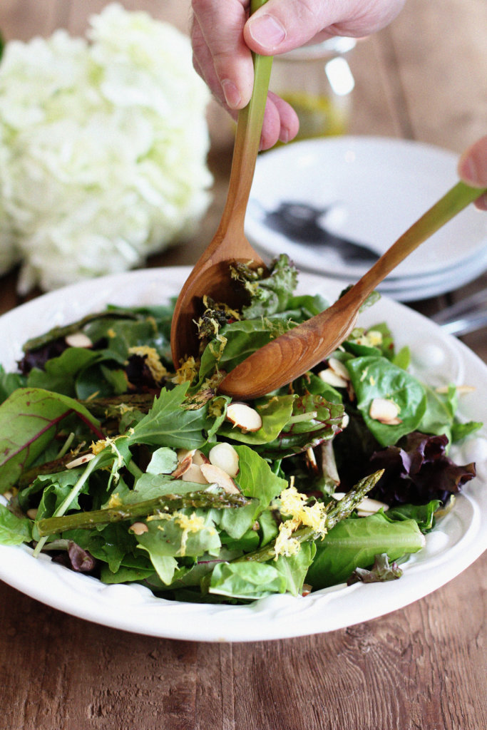 Field Green Salad with Roasted Asparagus, Toasted Almonds and Lemon Vinaigrette