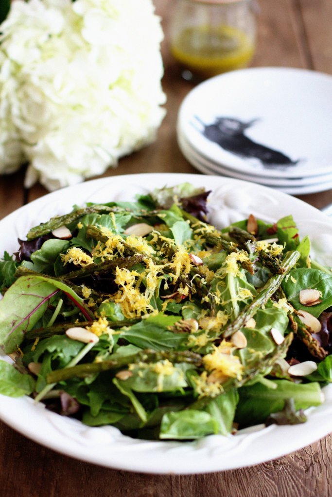 Field Green Salad with Roasted Asparagus, Toasted Almonds and Lemon Vinaigrette