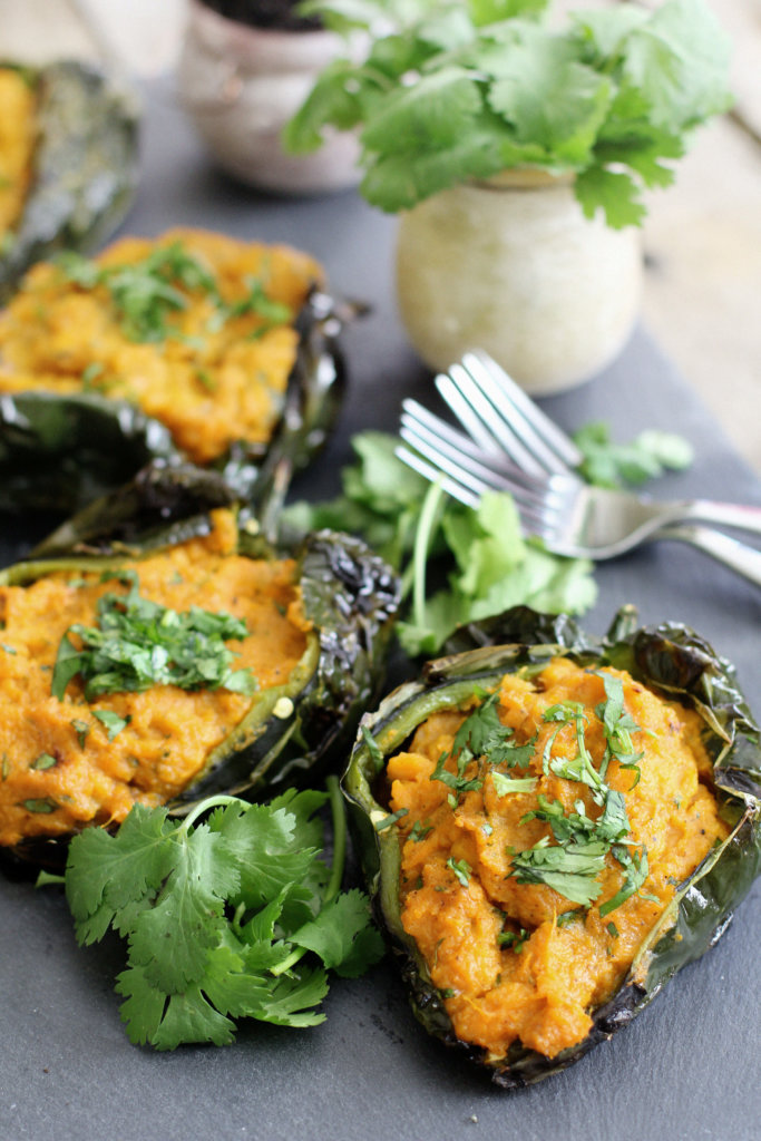 Roasted Poblano Peppers with Smashed Sweet Potato Filling