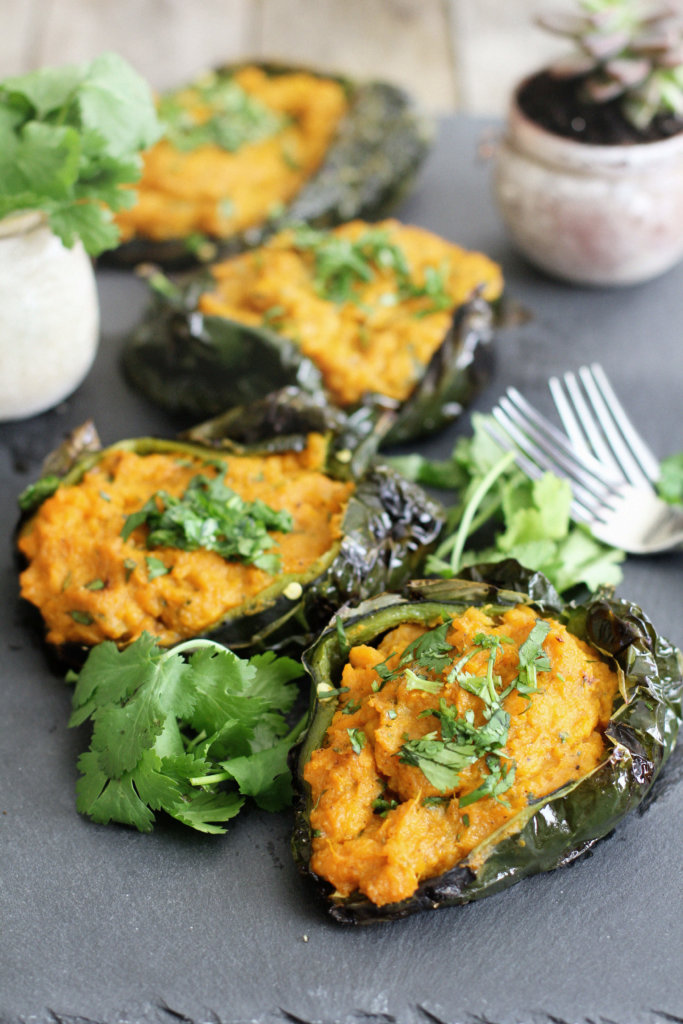 Roasted Poblano Peppers with Smashed Sweet Potato Filling