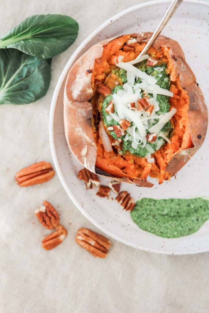 Baked Sweet Potatoes with Tatsoi Pesto: Jessi's Kitchen