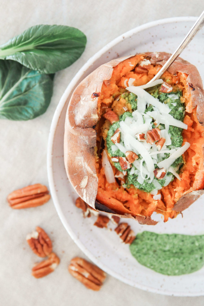 Baked Sweet Potatoes with Tatsoi Pesto: Jessi's Kitchen