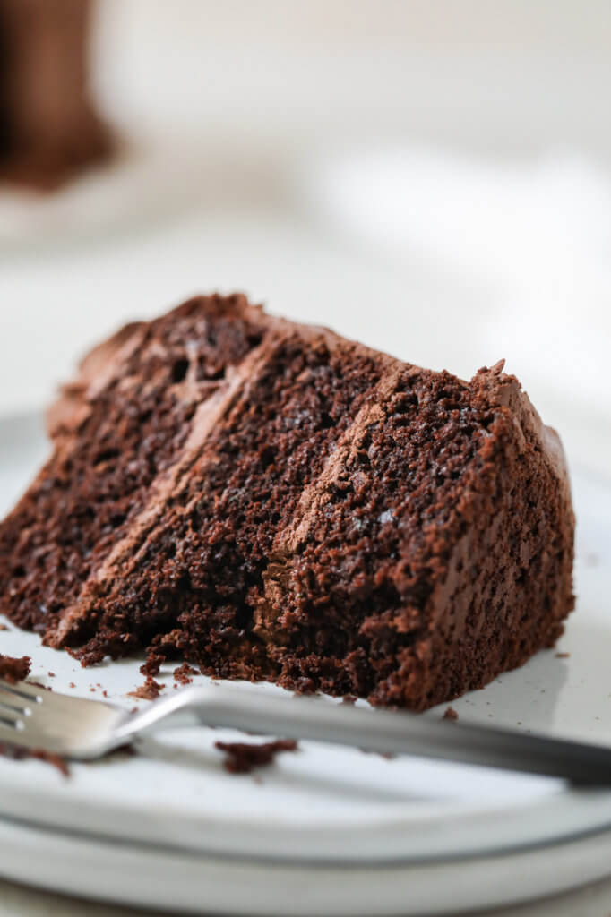 Close up picture of a chocolate zucchini cake with a bite taken out of it. 